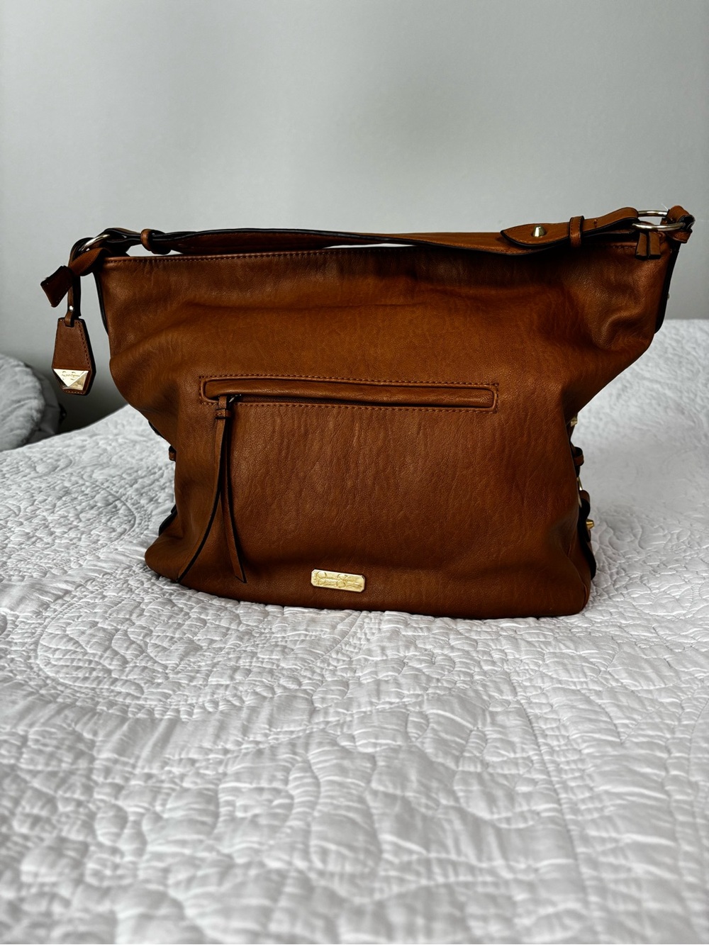 Jessica Simpson Cognac Leather Shoulder Bag with Gold Accents